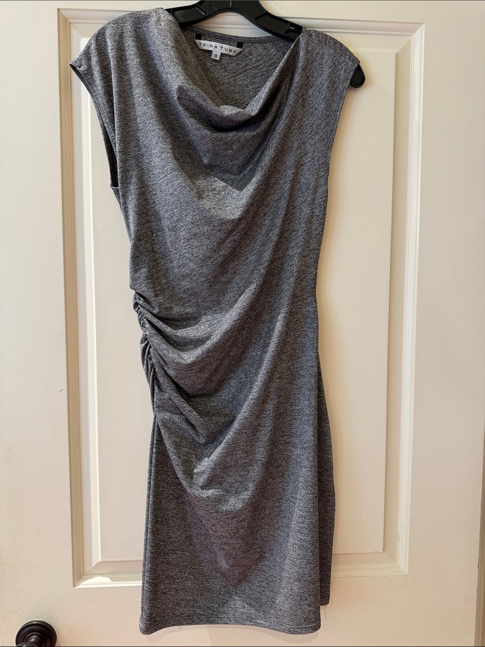 Trina Turk Silver Gray Cowl Neck Ruched Midi Dress